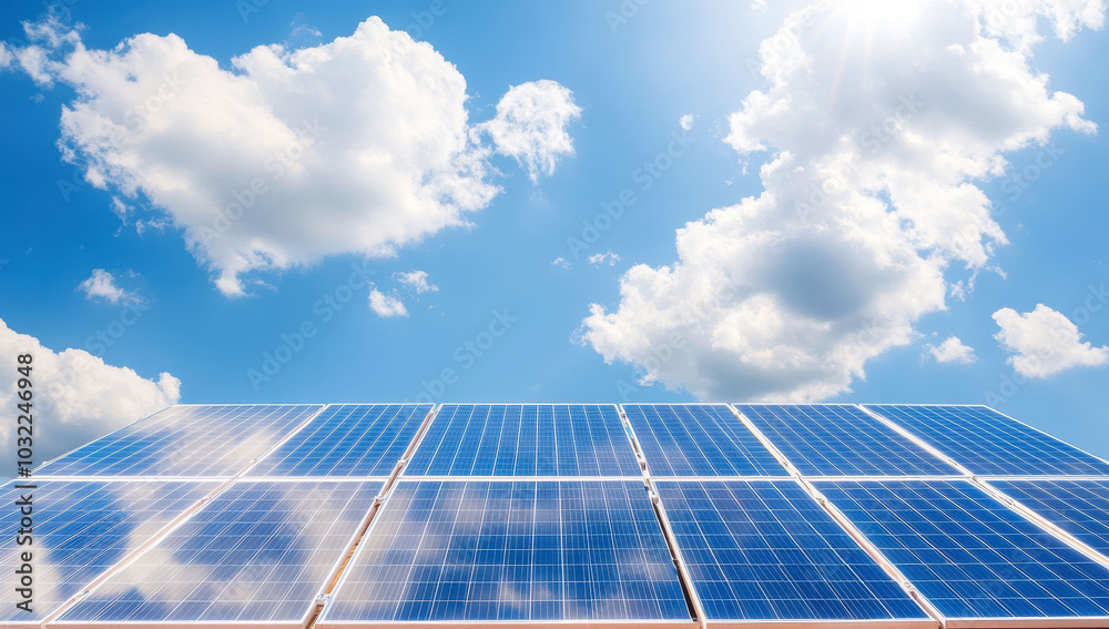 Solar panels under a vibrant blue sky with fluffy clouds