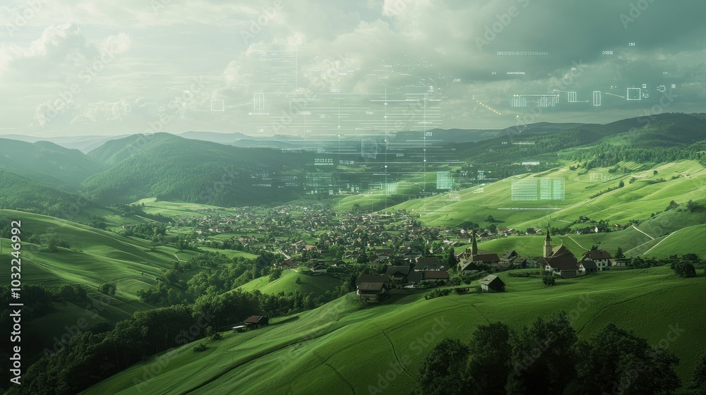 Fototapeta premium Futuristic Data Overlay on Rolling Green Hills and Village