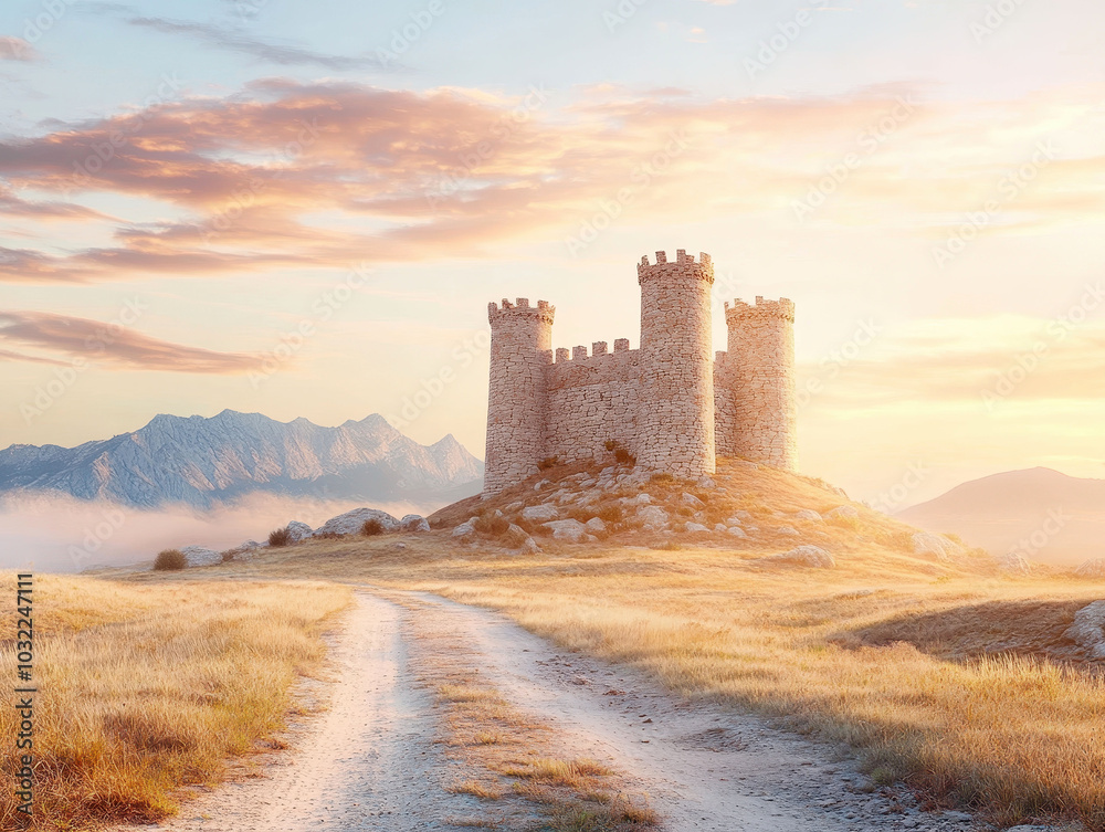 Majestic medieval castle in a serene mountain landscape at sunrise Majestic medieval castle in a serene mountain landscape at sunrise
