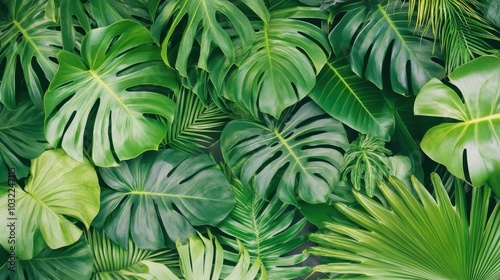 A lush tropical foliage background featuring a variety of green monstera leaves creating a vibrant natural scene