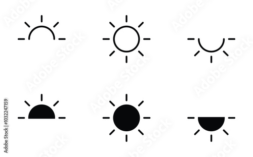 Sun icon set, dark and light style daytime symbol