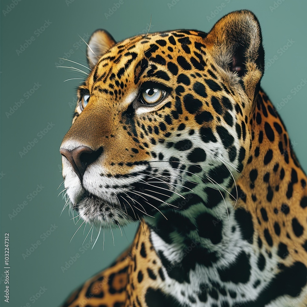 Stunning studio portrait of a jaguar with detailed fur pattern captured in a professional photoshoot setting, showcasing the beauty of Panthera onca in a serene environment Stunning studio portrait of a jaguar with detailed fur pattern captured in a professional photoshoot setting, showcasing the beauty of Panthera onca in a serene environment