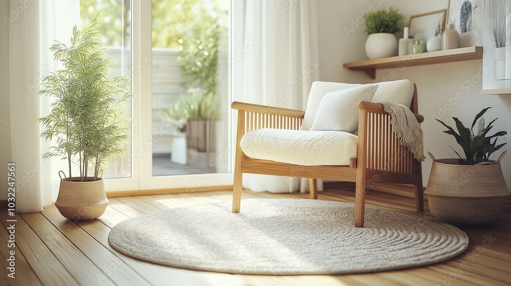 Fototapeta premium Cozy Reading Nook with Wooden Armchair and Natural Light
