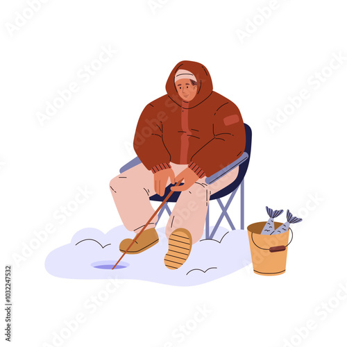 Vector winter fishing trip with a young guy on a folding chair who is fishing.