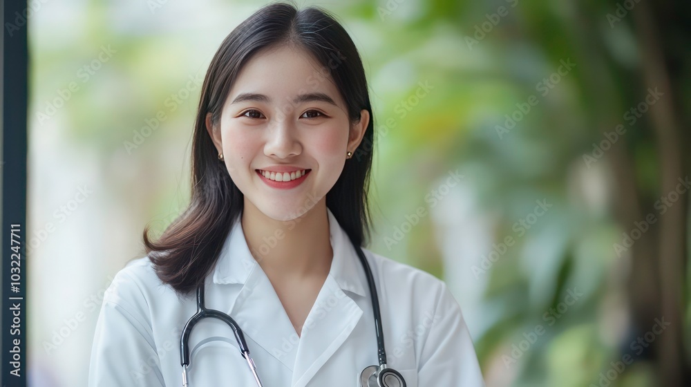 A young female doctor with a stethoscope smiles at the camera in a hospital setting. A young female doctor with a stethoscope smiles at the camera in a hospital setting.