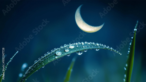 A perfectly shaped dew drop on a blade of grass reflects the crescent moon above, with the sharp details of the reflection creating a magical scene
