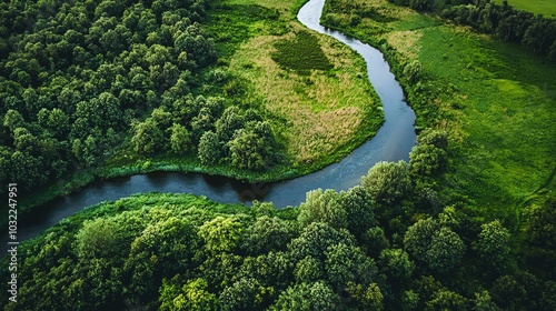 Aerial view of meandering river through green valley