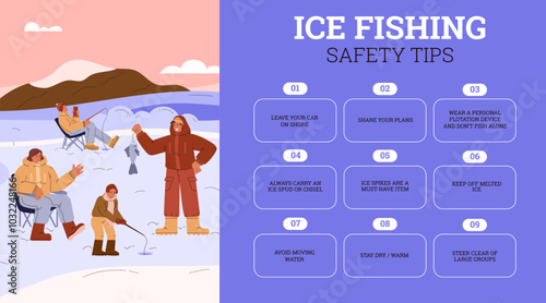 Vector poster with safety tips for winter fishing with an image of a fun family