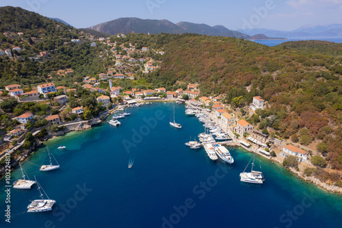 Drone Aerial view of Kioni village , ithaki greek island greece. Boats and yachts mooring in the marina