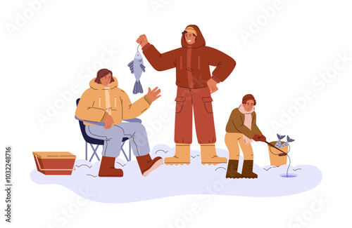 Vector graphics with a young family fishing with a fishing rod surrounded by snow