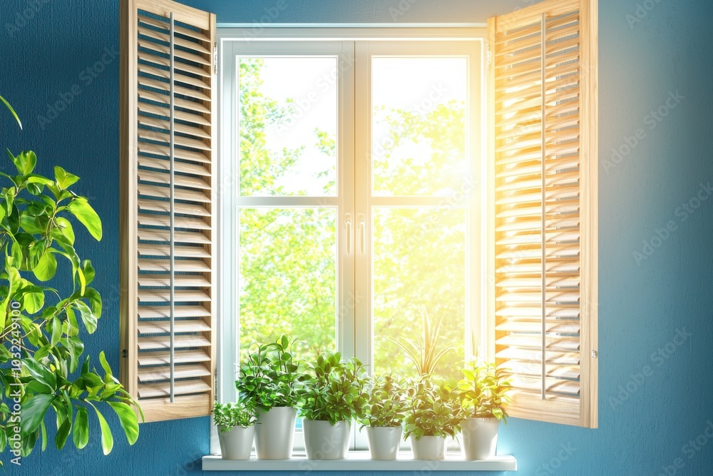A bright window with open shutters, showcasing a variety of potted plants on the sill, illuminated by sunlight. A bright window with open shutters, showcasing a variety of potted plants on the sill, illuminated by sunlight.