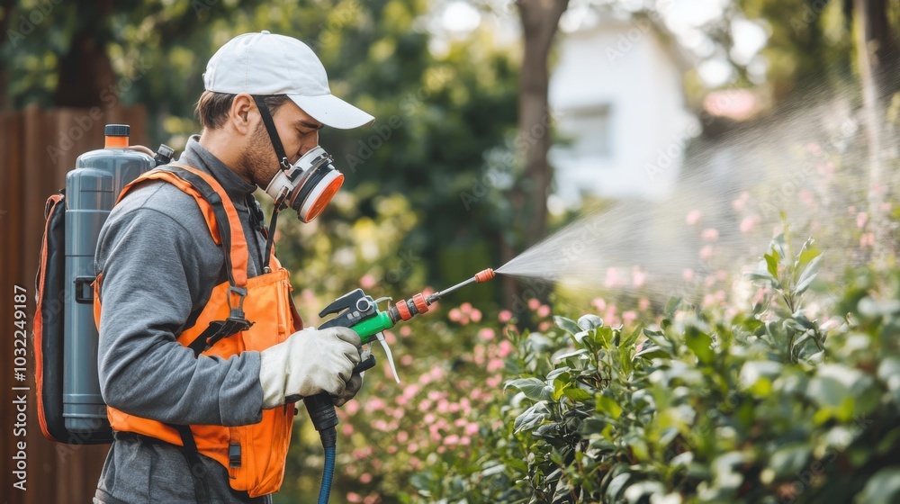 Technician using modern equipment to spray pesticide in a garden area Technician using modern equipment to spray pesticide in a garden area