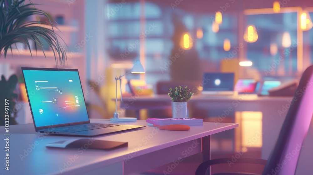 Naklejka premium Illustration of connected devices and wireless network icons in a modern office, representing IoT and smart technology.