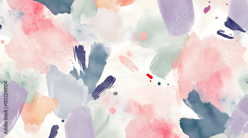 Seamless pattern of abstract watercolor brushstrokes in pink, blue, green and purple on white background.