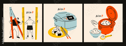 Rice cooker, onigiri, people with chopsticks, bowl. Tasty asian food, healthy meal concept. Hand drawn modern Vector illustration. Isolated design elements. Logo, icon, poster, print template