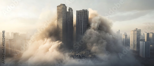 A large cloud of dust and debris obscures the view of two tall buildings in the middle of a city skyline, as the buildings are demolished.