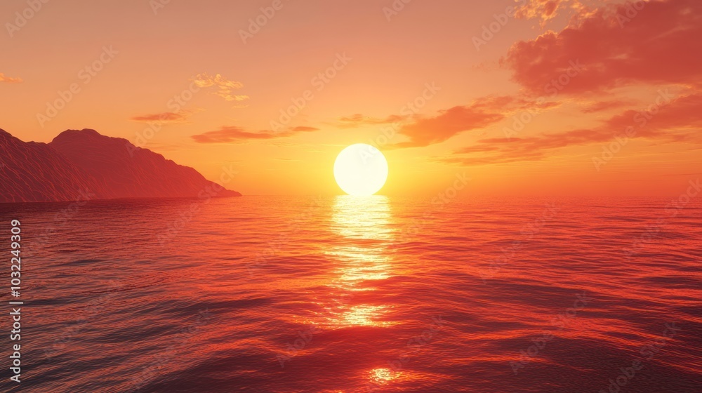 Sunset Over a Calm Ocean with Distant Mountains Sunset Over a Calm Ocean with Distant Mountains