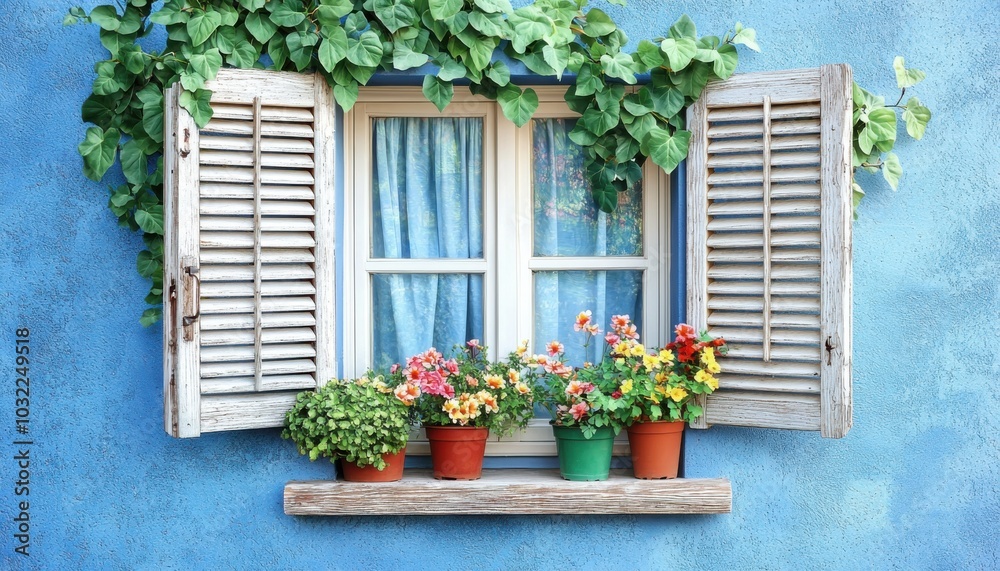 Fototapeta premium A charming blue wall features a window adorned with open shutters and vibrant flower pots, creating a cheerful and inviting atmosphere.