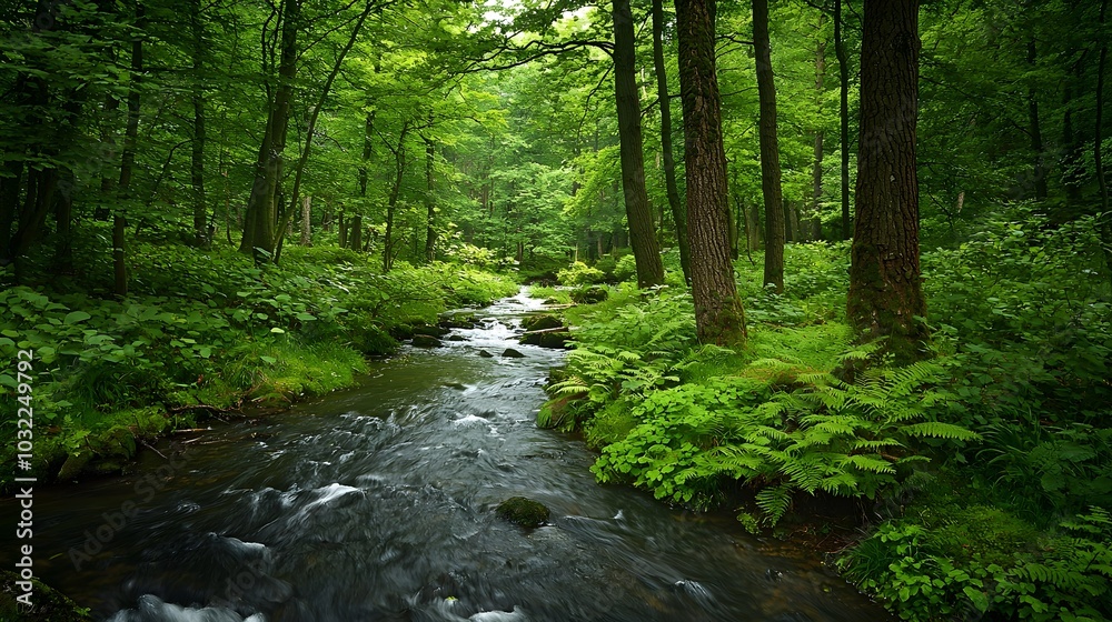 Lush Green Forest with Flowing Stream in Peaceful Natural Environment