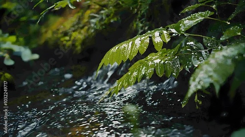 Refreshing Raindrops on Lush Foliage in Serene Forest Landscape photo