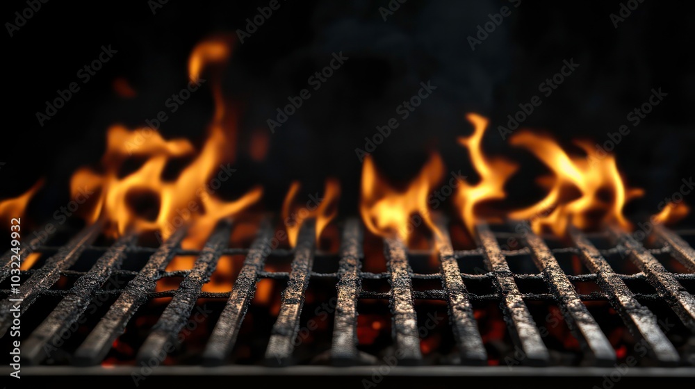 Close-up of a hot grill with flames and smoke. Close-up of a hot grill with flames and smoke.