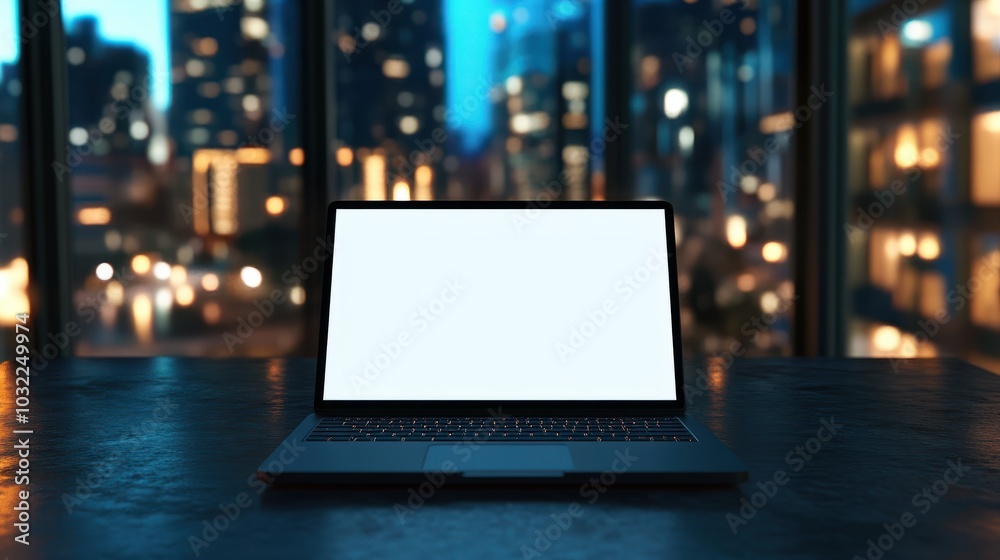 modern laptop with blank screen on a table in a smart city office setting with blurred background modern laptop with blank screen on a table in a smart city office setting with blurred background