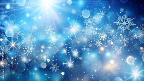 Magical winter scene with sparkling snowflakes and light effects, blue tones, festive atmosphere, joyful ambiance