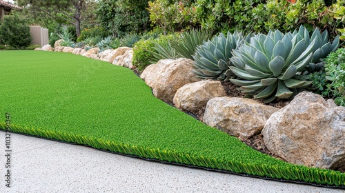 Vibrant green grass next to decorative rocks and succulent plants in a landscaped garden. photo