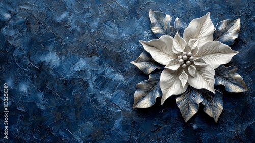 Frosty poinsettia bas-relief, white gesso on navy blue background, soft side lighting to enhance texture, macro lens, f/2.8, commercial product photography