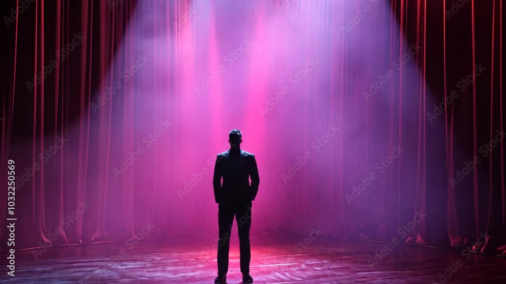 A man stands on a stage illuminated by spotlights, ready to perform