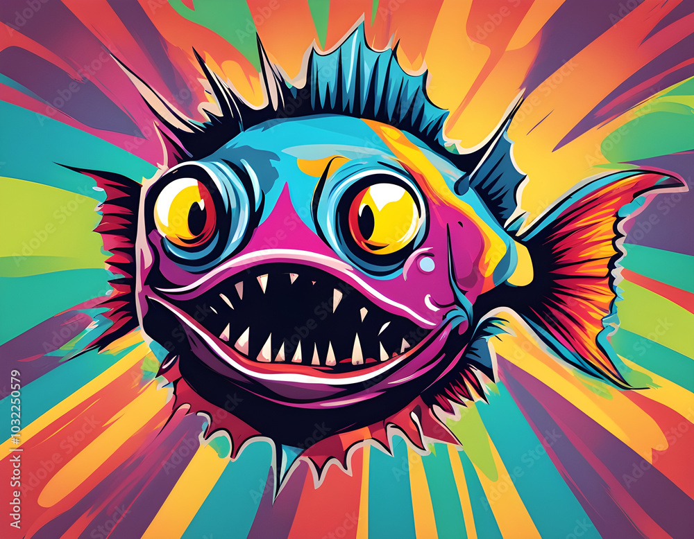 colorful angler fish head with cool isolated pop art style background colorful angler fish head with cool isolated pop art style background