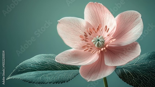 Realistic hellebore flower bas-relief, soft pink on sage green, natural window lighting with reflector fill, three-quarter view, selective focus, botanical illustration style