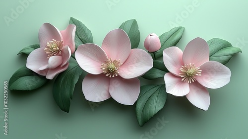 Realistic hellebore flower bas-relief, soft pink on sage green, natural window lighting with reflector fill, three-quarter view, selective focus, botanical illustration style