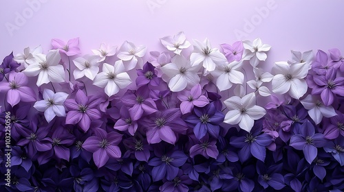 Flowing winter clematis vine bas-relief, ombre effect from white to deep purple, backlit for ethereal glow, dynamic diagonal composition, motion blur on edges, high-fashion editorial aesthetic