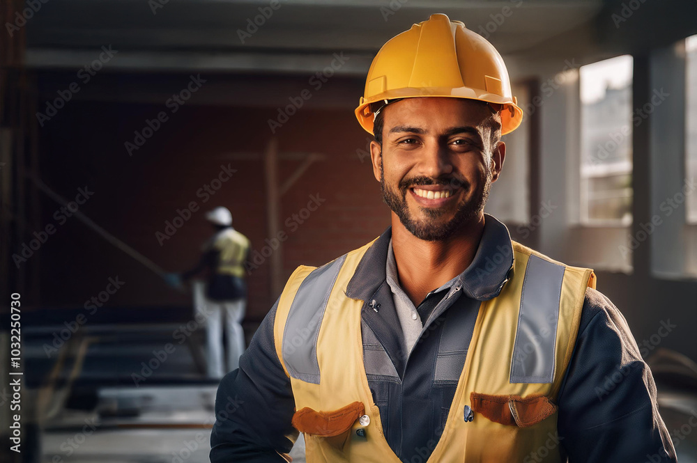 Ein Bauarbeiter mit Schutzhelm auf einer Baustelle