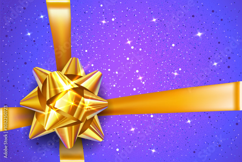 Realistic vector template. Horizontal blank banner with gold silk ribbons and a satin bow isolated on a blue background. Gift certificate. Greeting or sale card for birthday or Christmas party. 
