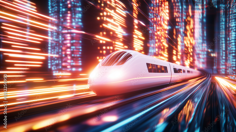 Modern Bullet Train with City Lights Reflection A white bullet train speeds through a cityscape, illuminated by the vibrant reflections of city lights. The dynamic movement of the Modern Bullet Train with City Lights Reflection A white bullet train speeds through a cityscape, illuminated by the vibrant reflections of city lights. The dynamic movement of the