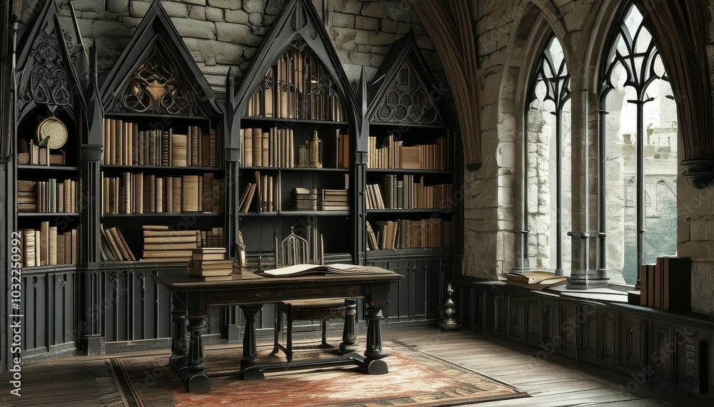 a room in an old hall with bookshelves and large windows a room in an old hall with bookshelves and large windows