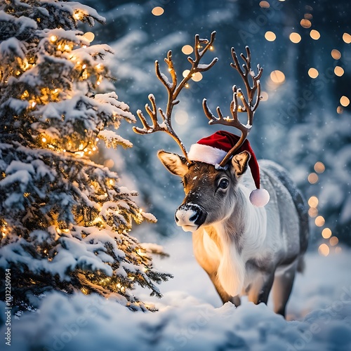A reindeer wearing a Santa hat standing beside a Christmas tree in the snow, with soft, glowing Christmas lights twinkling in the background 