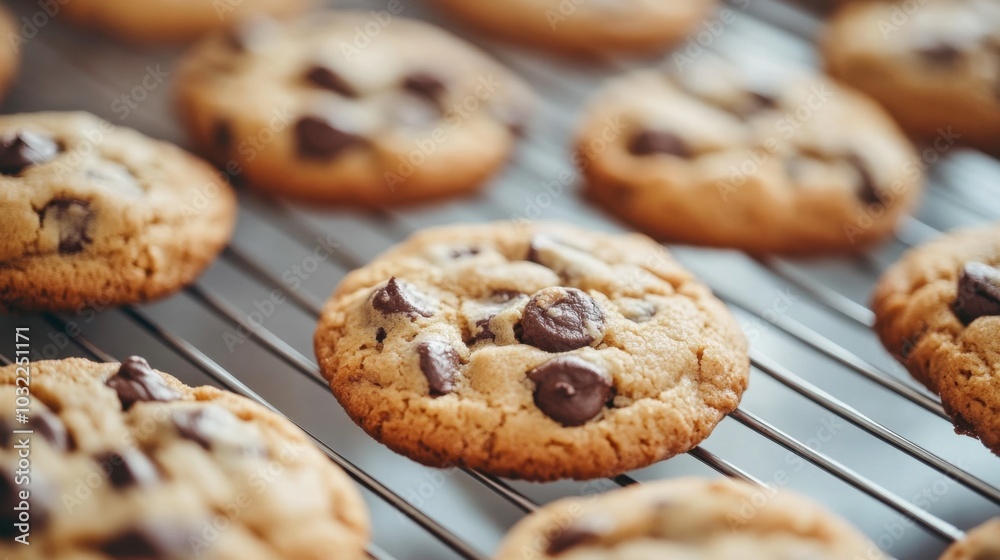 Freshly Baked Chocolate Chip Cookies on Cooling Rack Freshly Baked Chocolate Chip Cookies on Cooling Rack