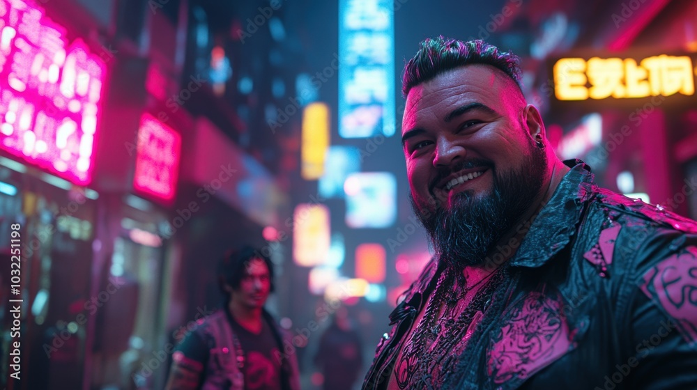 Portrait of bearded overweight man in black leather jacket in cyberpunk city at night Portrait of bearded overweight man in black leather jacket in cyberpunk city at night