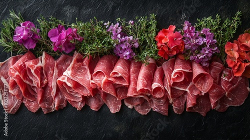 Thinly sliced beef tongue arranged in a delicate fan pattern, accompanied by a spray of fresh herbs and edible flowers, deep charcoal backdrop