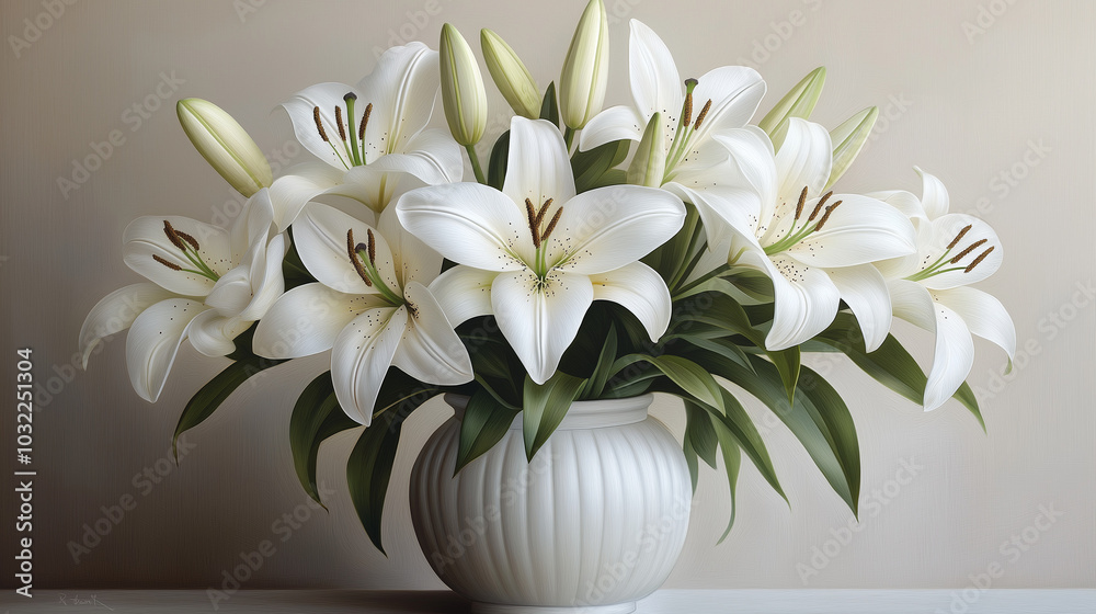 A bouquet of white lilies in a white vase on a table.