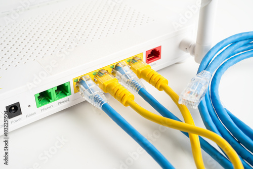 Obraz na płótnie Ethernet cable with wireless router connect to internet service provider internet network