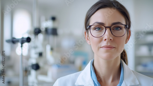 Portrait of a professional eye doctor in a high-tech environment A bright and welcoming female optometrist, wearing glasses and a lab coat, stands in a high-tech clinic with state-