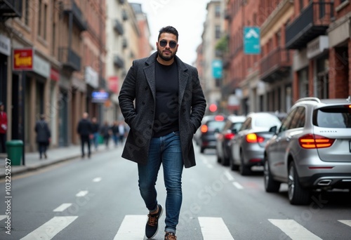 A man in a black coat and jeans walks across a street in front of a building