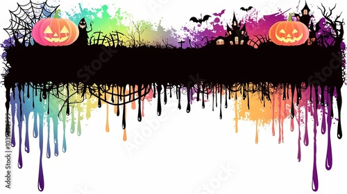 A colorful Halloween-themed graphic with pumpkins, bats, and a spooky landscape.