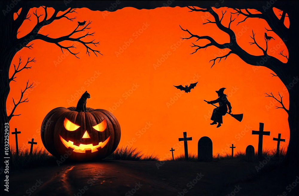 jack o lantern glowing and silhouette of witch flying on broom against cemetery background on orange background jack o lantern glowing and silhouette of witch flying on broom against cemetery background on orange background