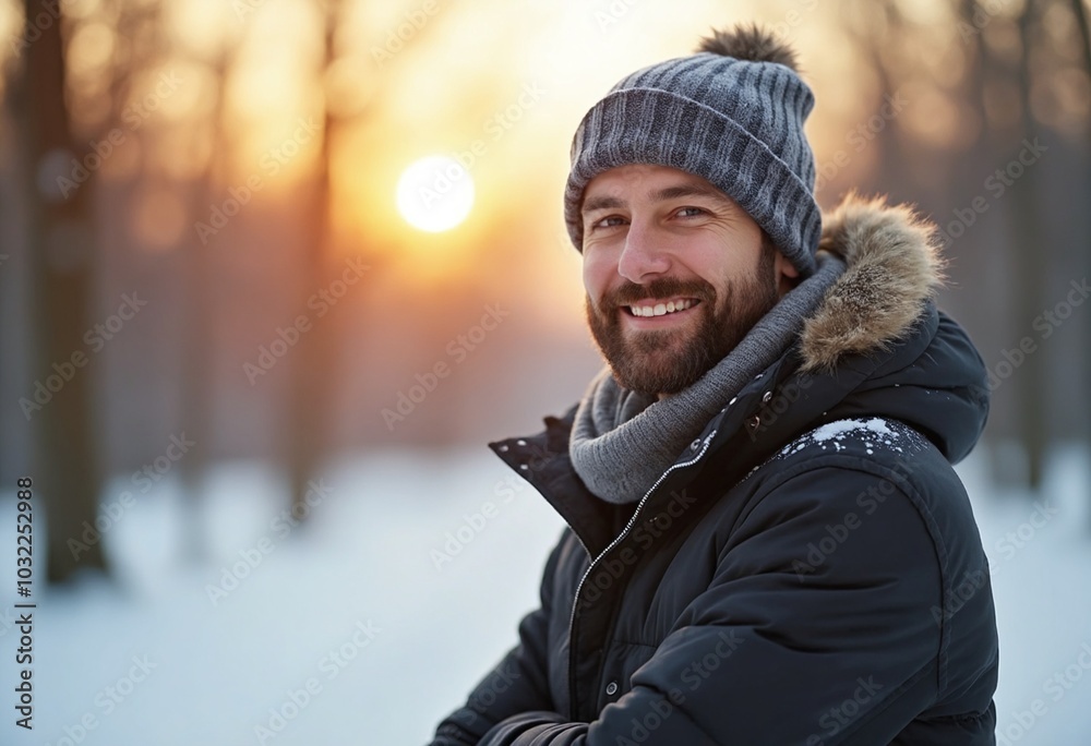 Portrait of Smiling man In Winter, warm backlight, copy space on a side Portrait of Smiling man In Winter, warm backlight, copy space on a side