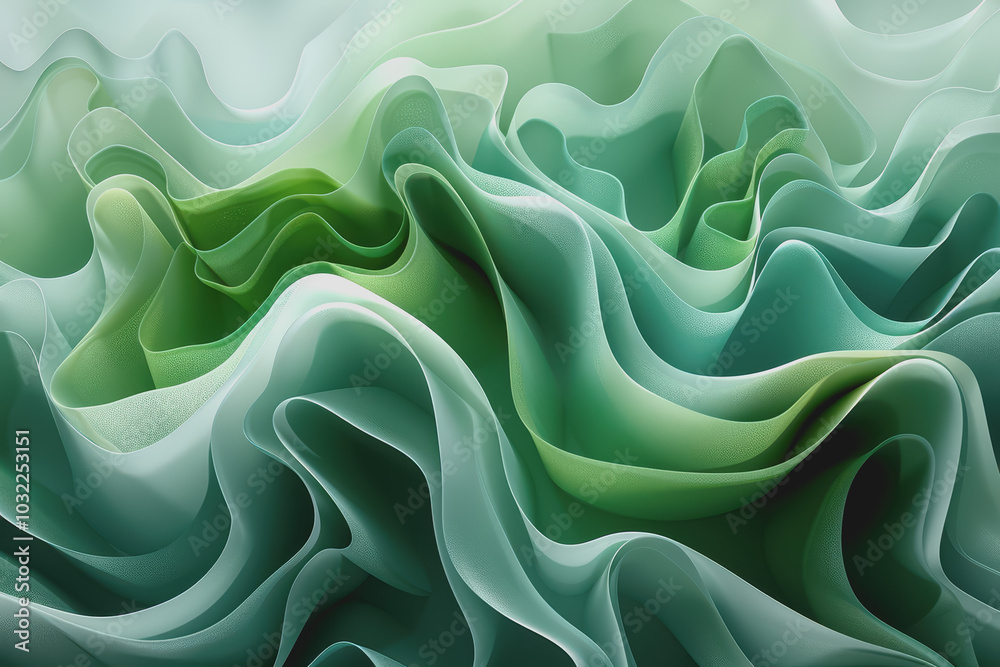 Fototapeta premium Abstract green background with wavy shapes and fluid lines. With organic shapes in light green.